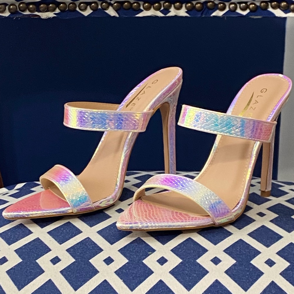 White pink iridescent mermaid two strap mule heels - Picture 4 of 5